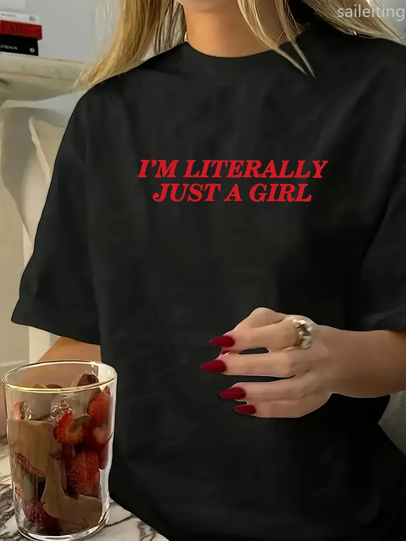 

Women'S "I'm Literally Just A " Graphic Sleeve T-Shirt Black with Red Text Perfect for Spring Summer Fashion Aesthetic Clothes
