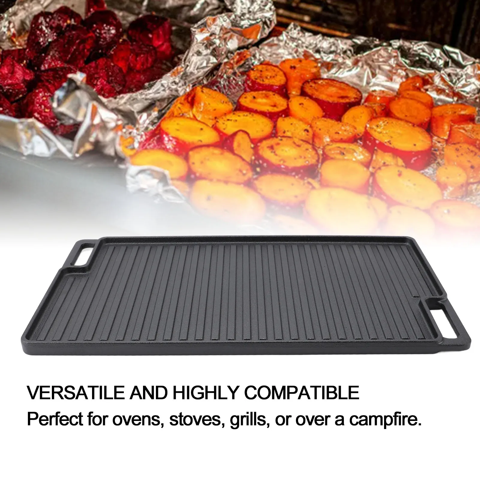 Pre Seasoned Cast Iron Reversible Rectangular Grill Griddle Non Stick Family Pan Cookware with Handles For Oven Stovetops Grills