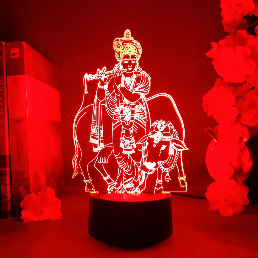 Lord Krishna With Cow LED Acrylic Lamp Colorful Table Decoration Religious Hindu Gods 3D Nightlight Bedroom Desktop Gadgets