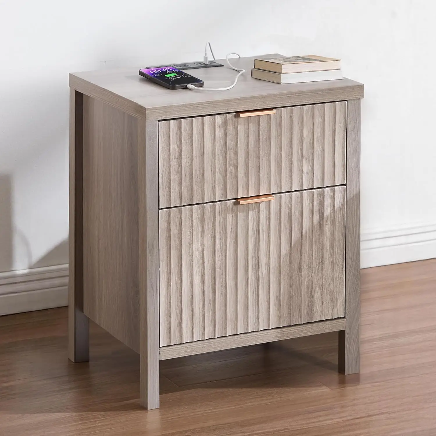 25Inch Tall Fluted Nightstand With Charging Station 2 AC Outlets 2 USB Ports luxury Smooth Glide Drawers Bedside Table Custom