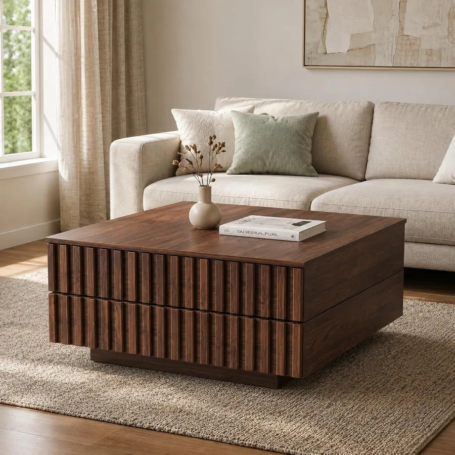 32-Inch Square Coffee Table with Storage, Sliding Top for Living Room, Wood, Natural Finish, Space-Saving Design