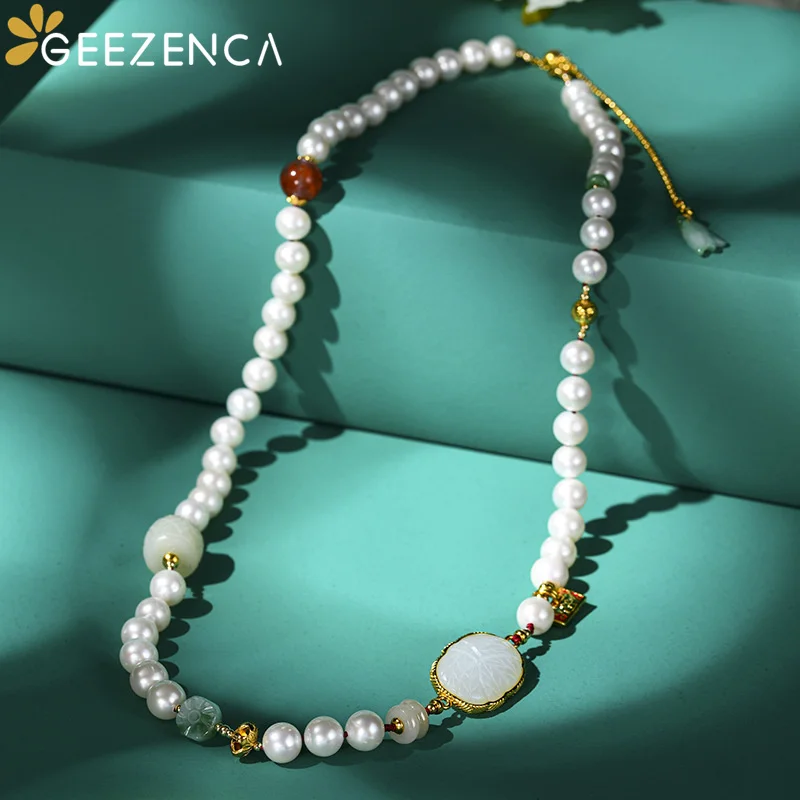 GEEZENCA Luxury Natural Jade Freshwater Pearl Necklace For Women Vintage Beaded Long Necklaces High Quality Jewelry Female Gift