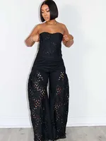 Female Clothing Elegant Sets V Neck Lace Sexy Strapless Crop Top and Wide Leg Pants Set Women Hollow Out Summer Two Piece Set - Image 6