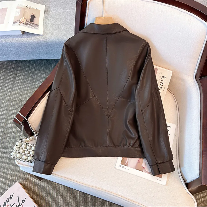 Coffee Color Black Short Faux Pu Leather Jacket Lapel Single-Breasted Long Sleeve Spring Autumn Female Biker Jacket Streetwear