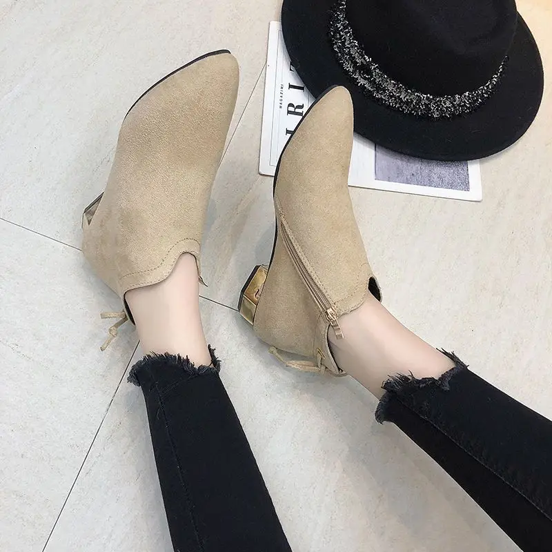 Female Ankle Boots Suede Booties Elegant with Low Heels Black Footwear Pointed Toe Short Shoes for Women New In Comfortable Sale