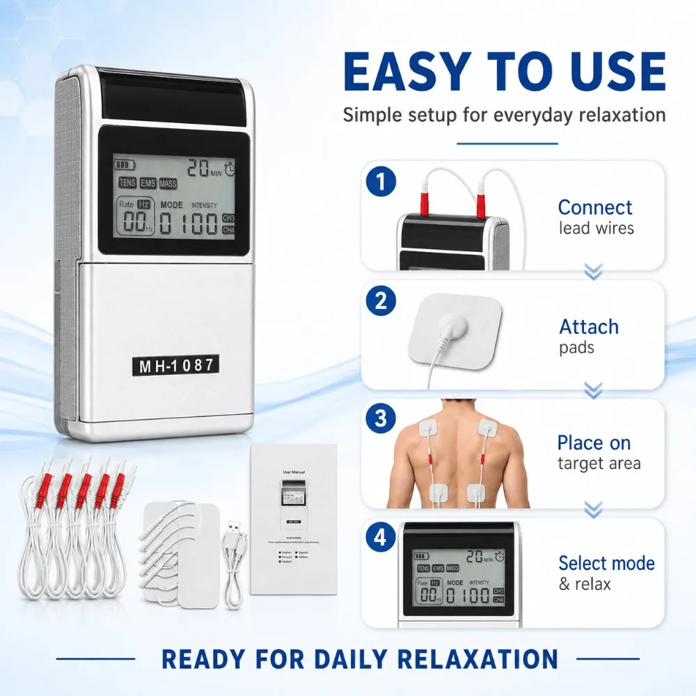 EMS muscle stimulator, TENS stimulator, 4 channels, 48 modes, rechargeable digital massager,suitable for back, neck, shoulders