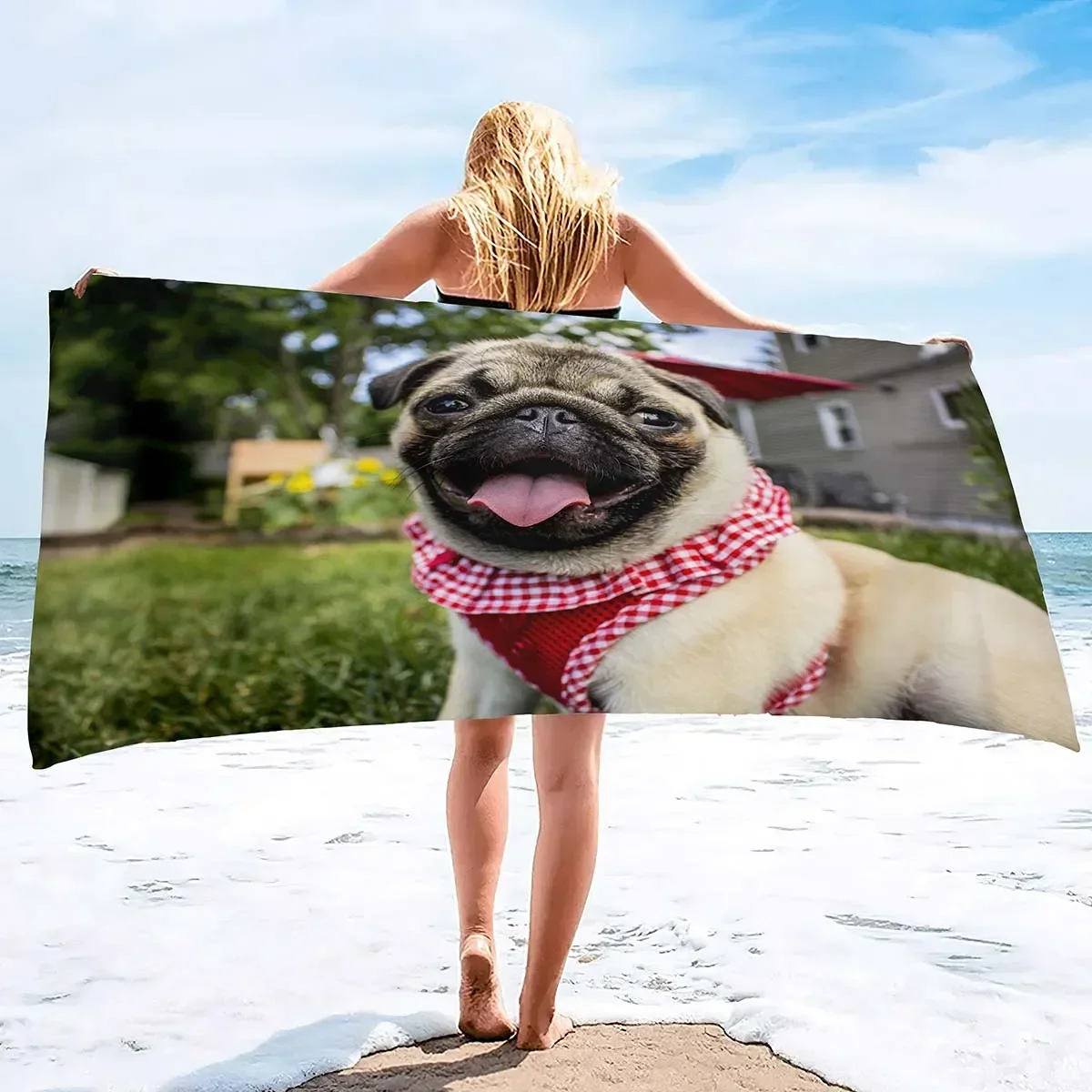 Microfiber Lightweight Thin Beach Towels for Adult and Kid Compact Personalized Sand Free Swim Pool Blanket Pug-dog puppy Print
