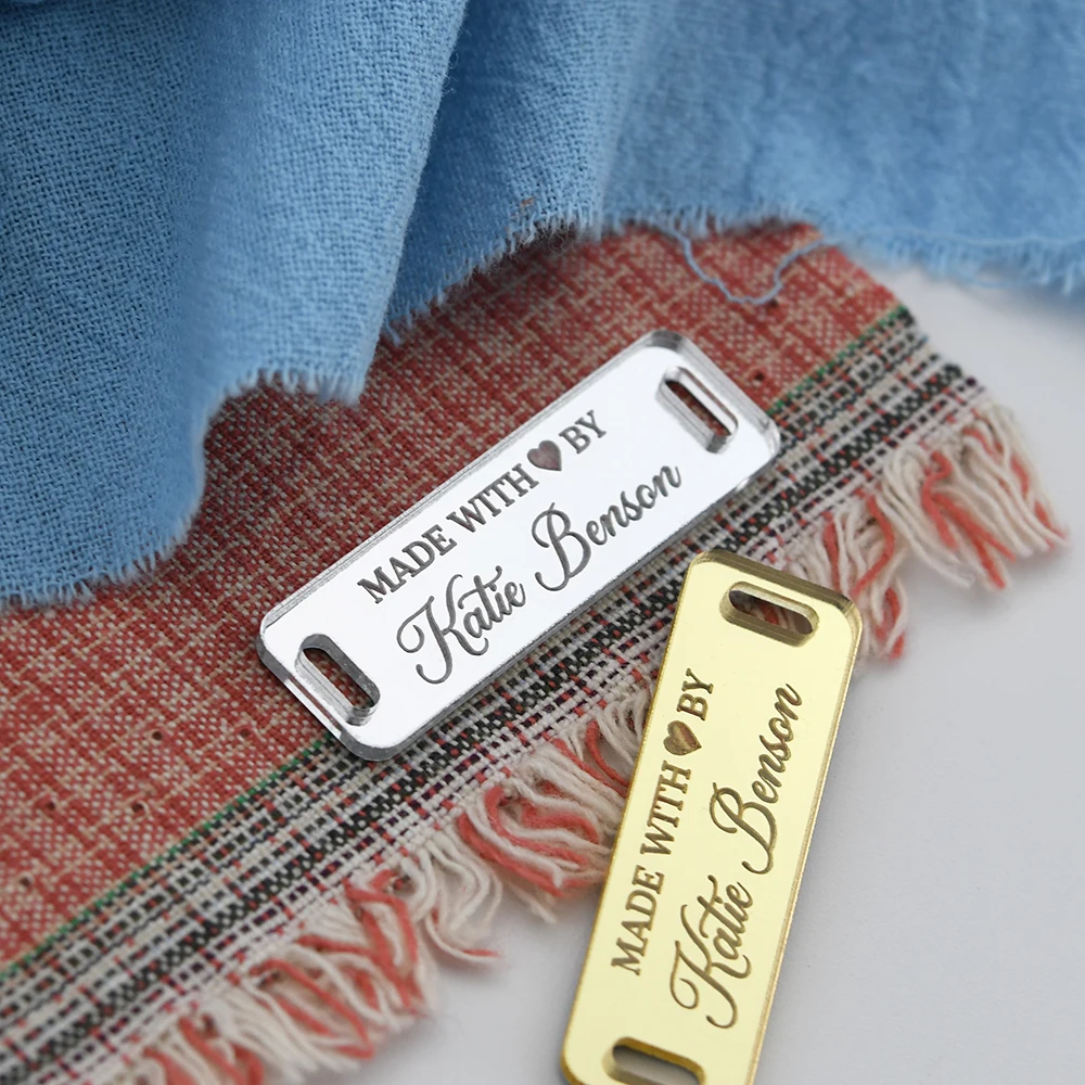 

Custom Mirror Acrylic Tags Laser Engraved 12.5x40mm Eco MOQ 50 For DIY Crafts Clothing Hats Shoes Decor Custom Text Logo