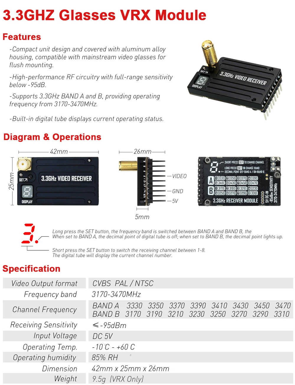 RUSHFPV 3.3G 4W VTX Transmitter Module 3170-3470MHz 3.3G Goggles VRX Video Transmission Receiver for Long Rang FPV Racing Drone