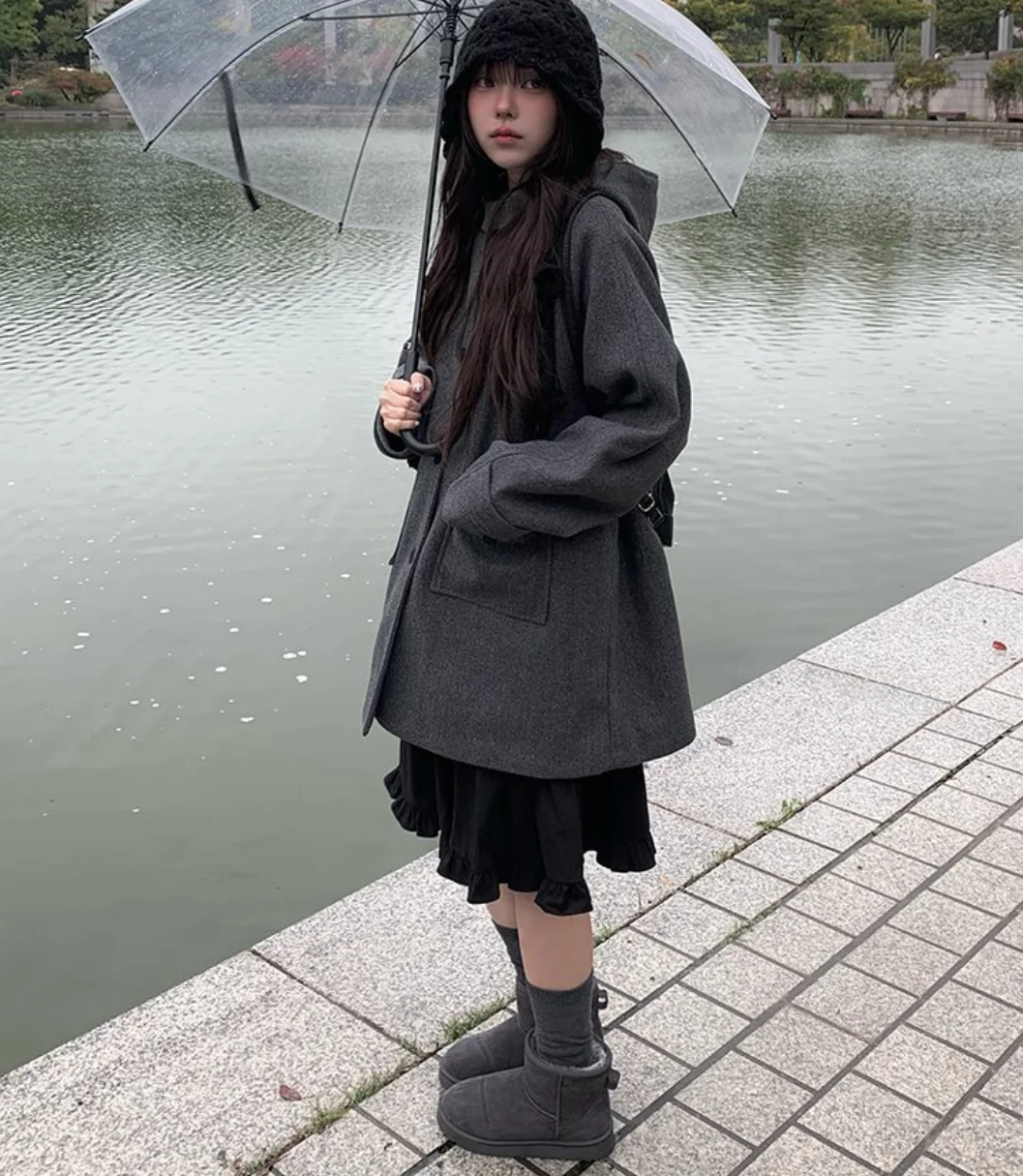 

Весеннее корейское повседневное пальто с капюшоном для женщин, с длинными рукавами, на одной пуговице, с карманами, стеганое, утолщенное, шерстяное пальто