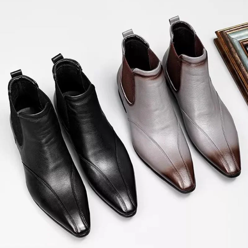 

Chelsea Boots Men's Pointed Toe Slip-on Leather Boots Genuine Leather Dress Boots Men Short Boots H-top Leather Shoes
