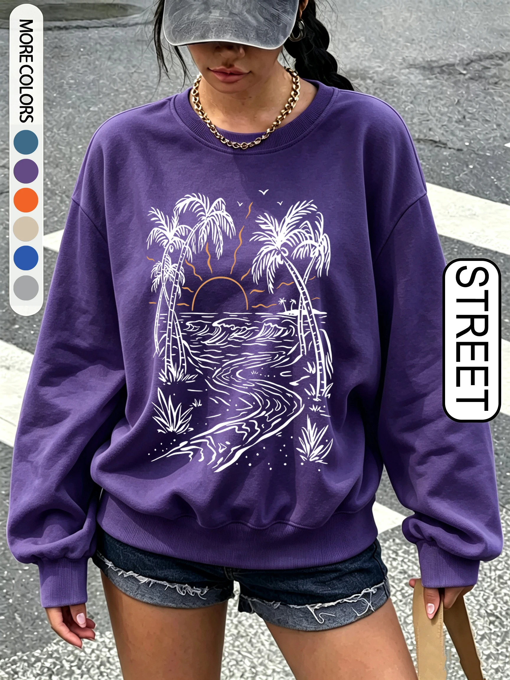 Paradise Beach Coconut Tree Pattern Womens Sweatshirt Loose Y2K Streetwear Crewneck Autumn Clothing Korean Fleece Pullover