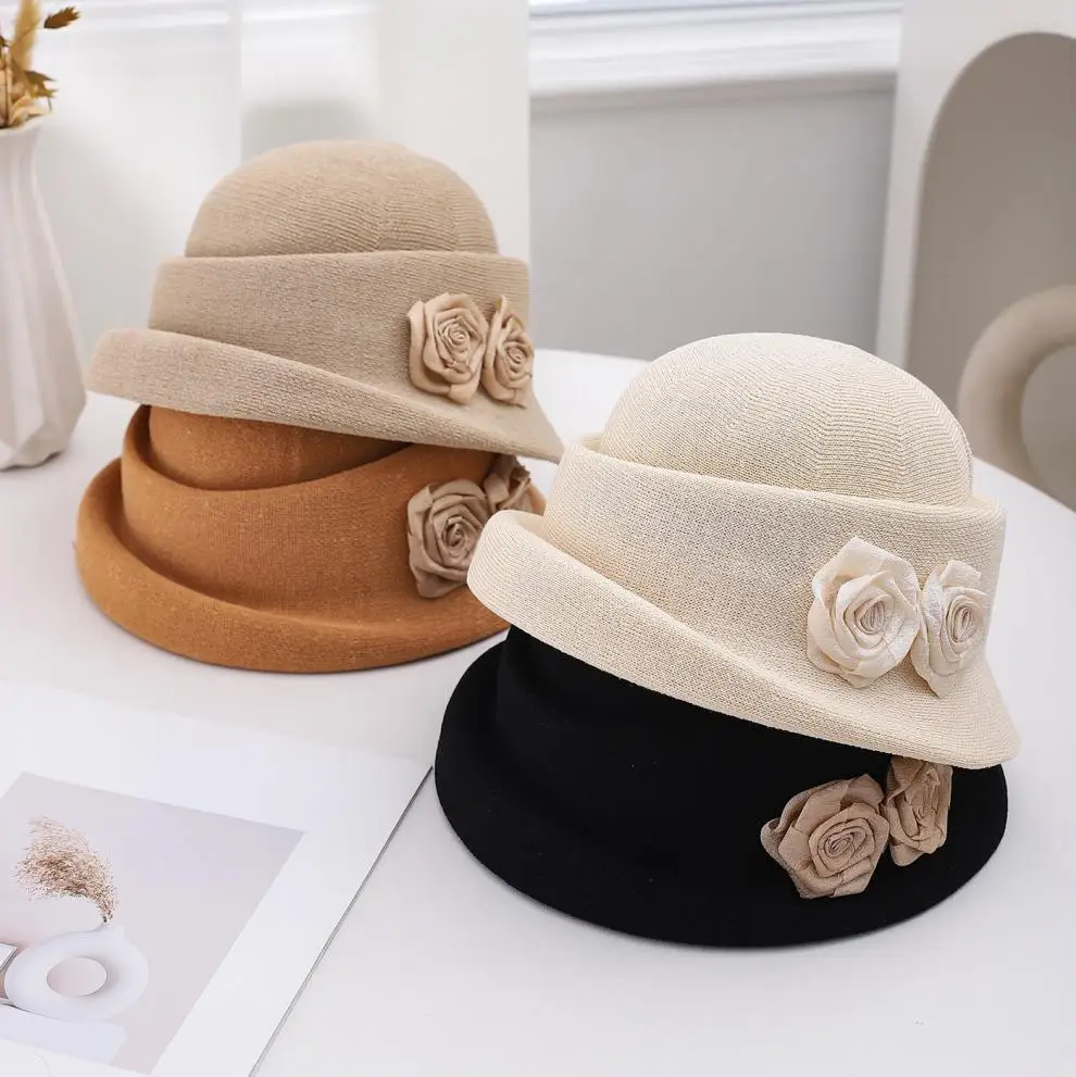 Camellia Flower Rolls Brim Top Caps Women's Retro Fashionable Versatile Tidal Current Linen Breathable Beret Hats