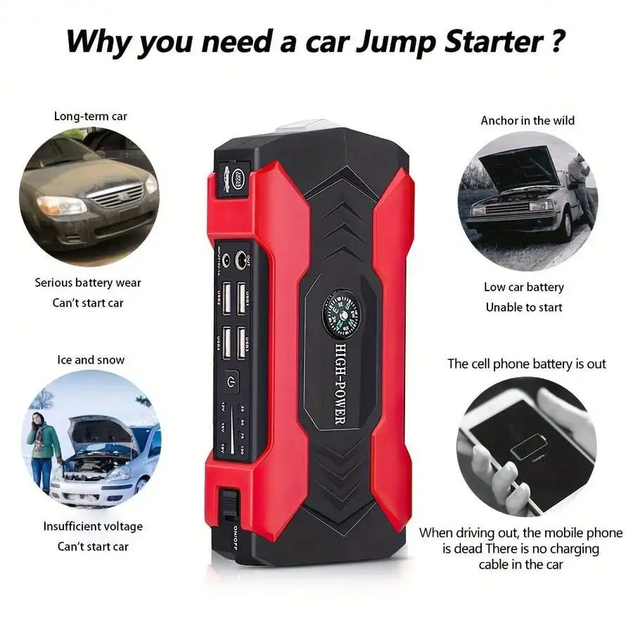 Portable Car Jump Starter & Power Bank - 600A High-Current Emergency Booster For 12V Vehicles, 4 USB Ports, Fast Charging, 1000