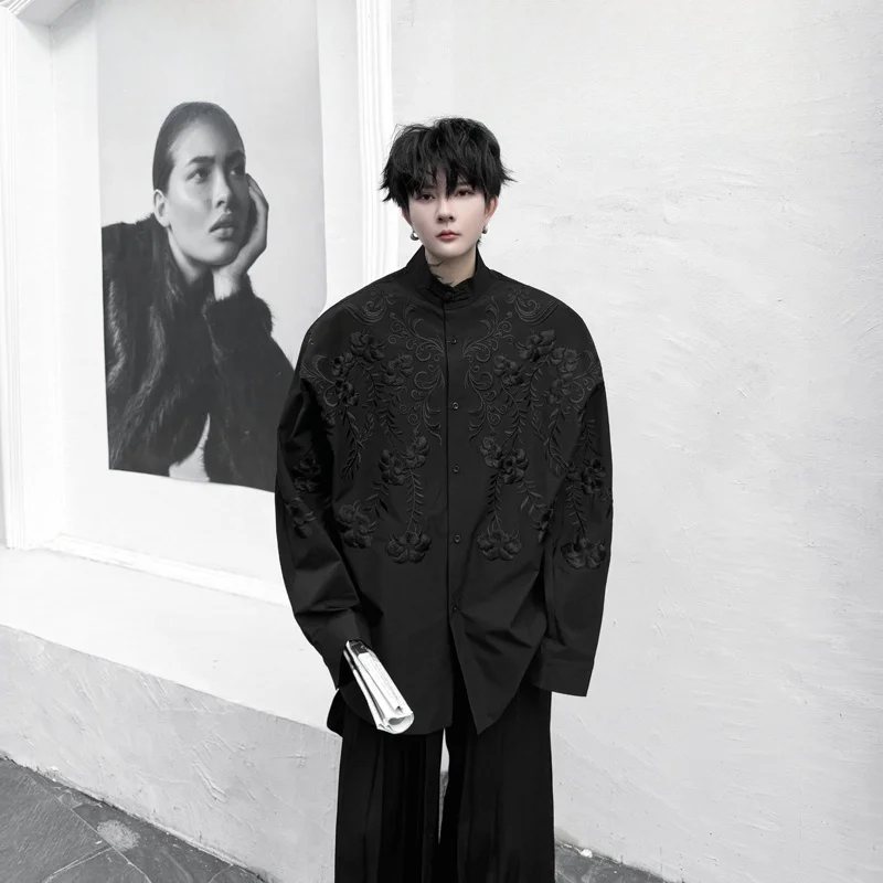 

Loose Embroidered irt Sle Men Women High End Feel Trendy Outerwear Polyester Fiber Long Sve Stand Collar