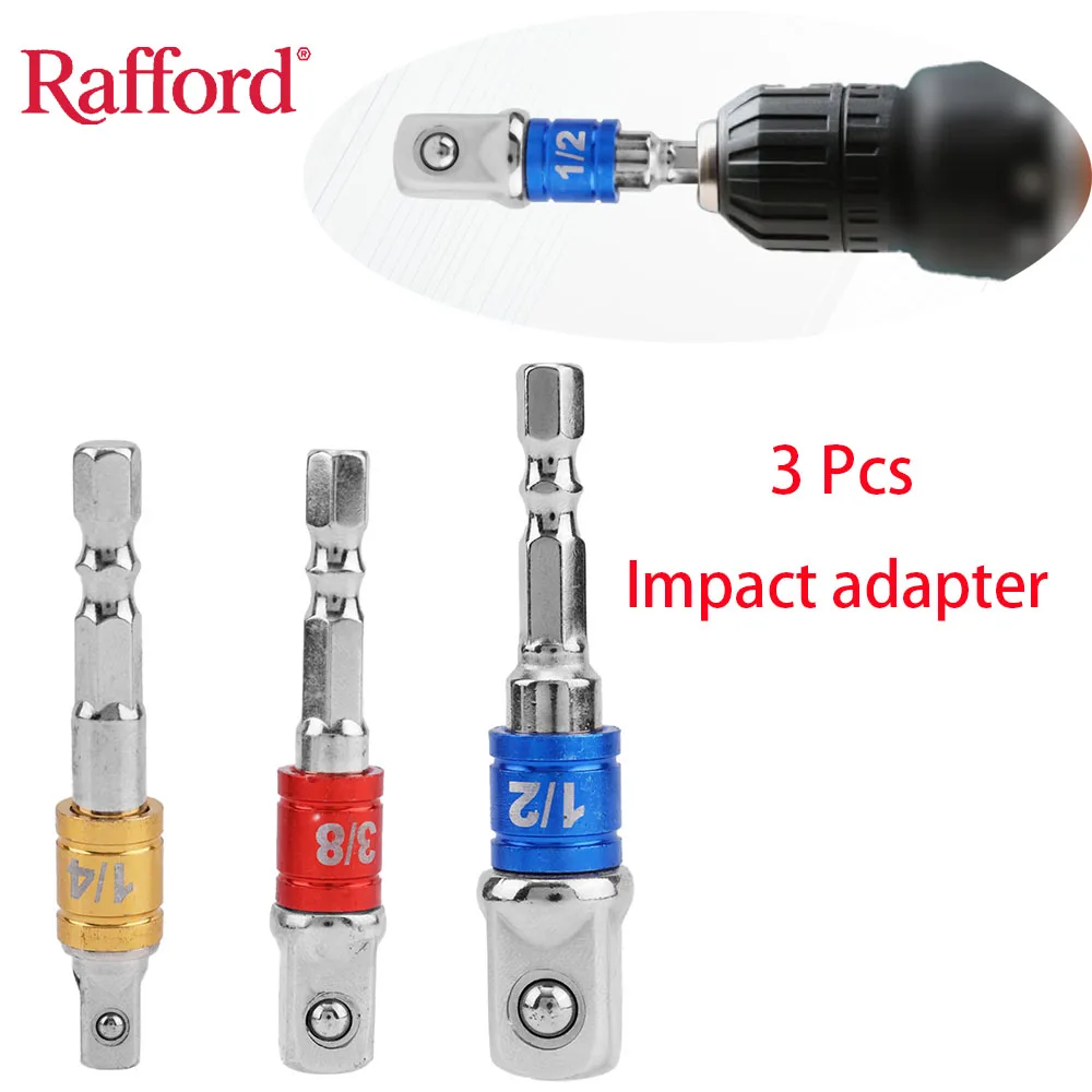 

Набор адаптеров для ударной головки Rafford из 3 предметов — сталь Cr-V, шестигранный хвостовик 1/4 дюйма (размеры 1/4 дюйма, 3/8 дюйма, 1/2 дюйма), превращает сверло в гайковерт