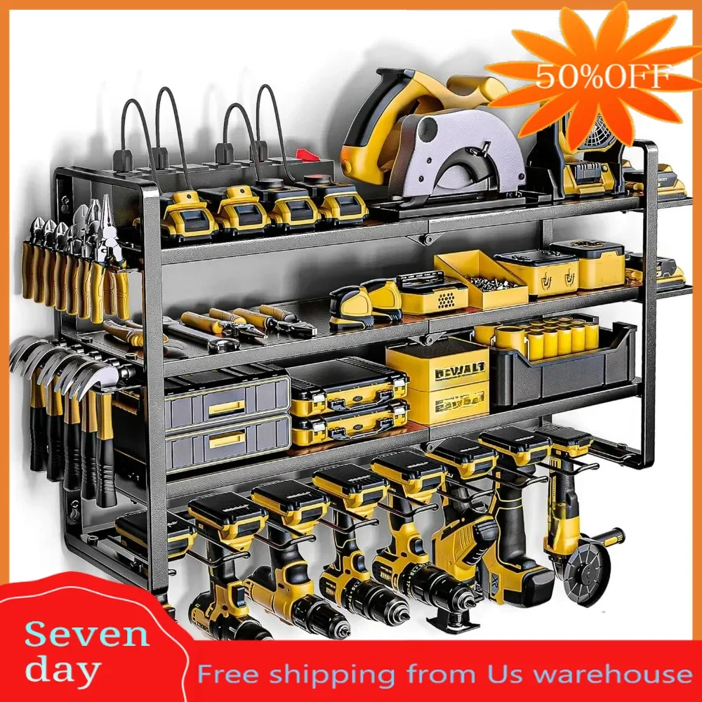 

Power Tool Organizer with Charging Station, 8 Drill Holder Wall Mount, 4 Layer Storage Rack for Garage storage, garden tools