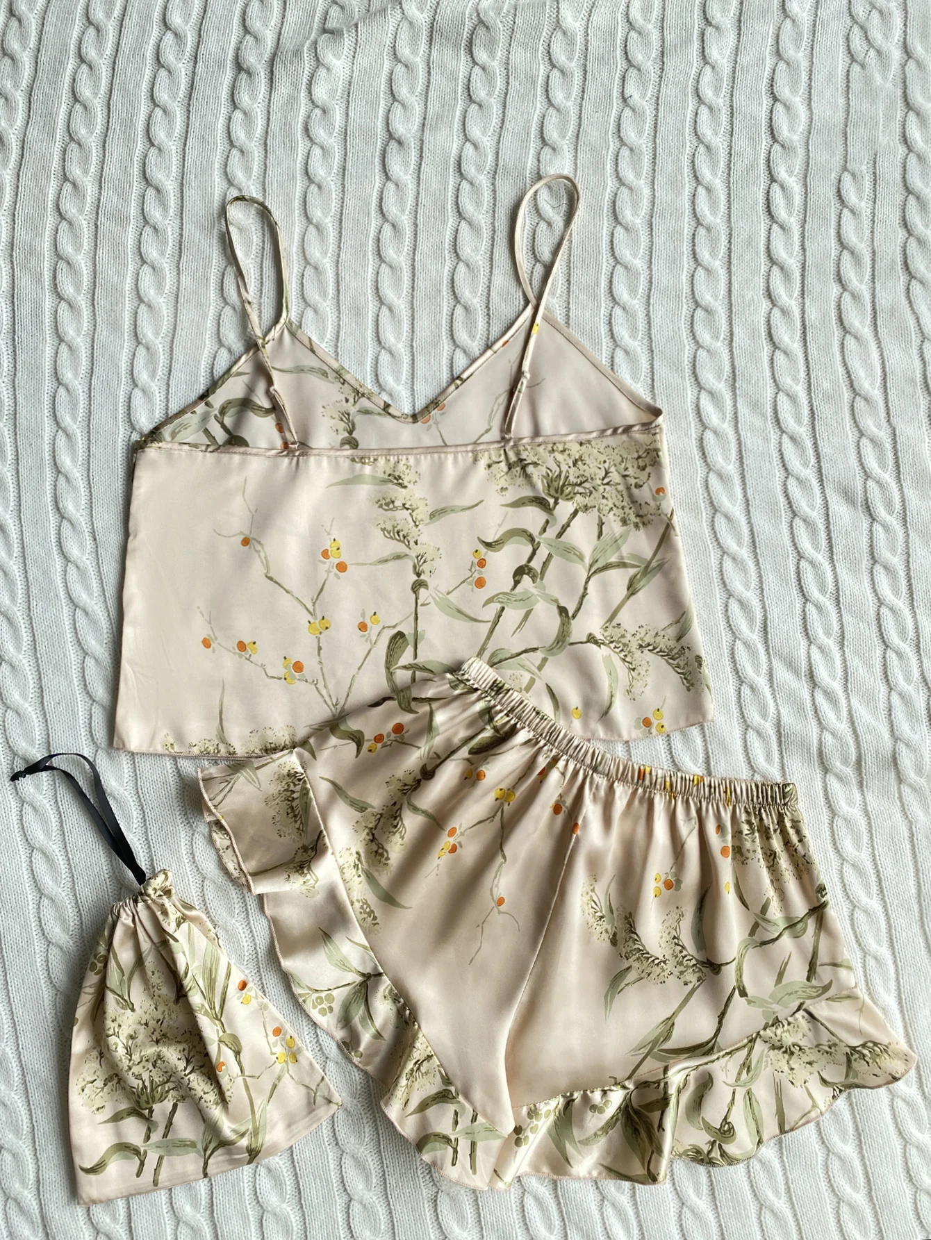 Elegante Cami-Tops mit Blumendruck, Rüschensaum, Shorts, Pyjama-Set, Damen-Nachtwäsche, Loungewear – Detail 13