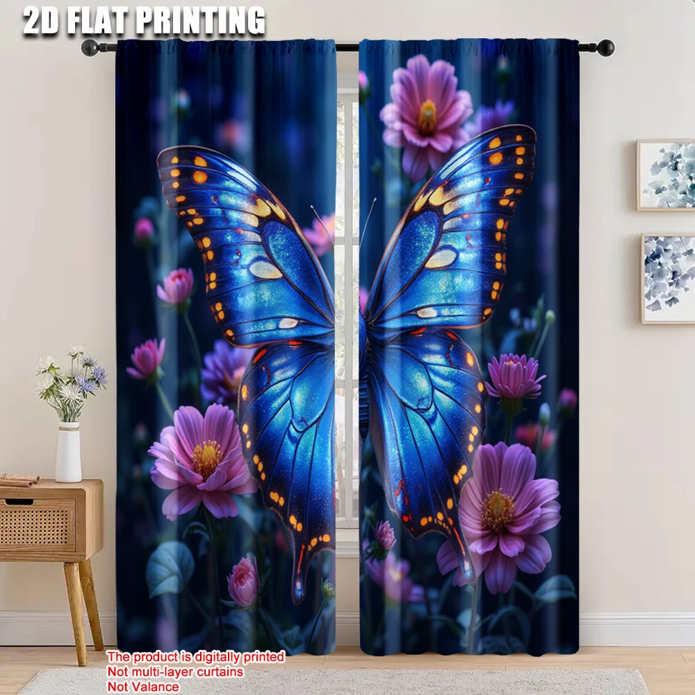 

2pcs, 2D flat printing Window Curtains Blue Purple Butterfly and flowers Blackout Polyester Spring Party & Holiday Decor