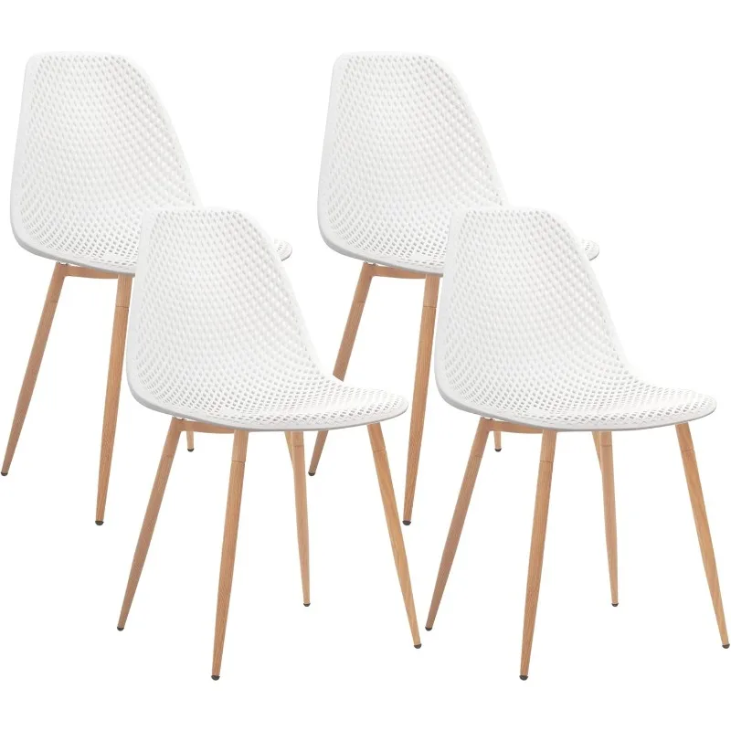 Dining Mid Century Modern Hollow Back Design Plastic Shell Armless Side Chair with Metal Legs, Set of 4, White (CL-191618)