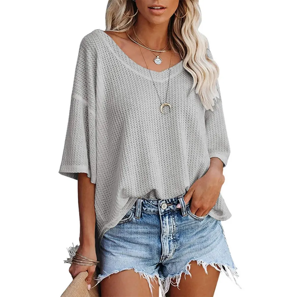 

Women's V-neck Batwing Sleeve T-shirt Summer New Loose Solid Color Short Sleeve Waffle Knitted Top by