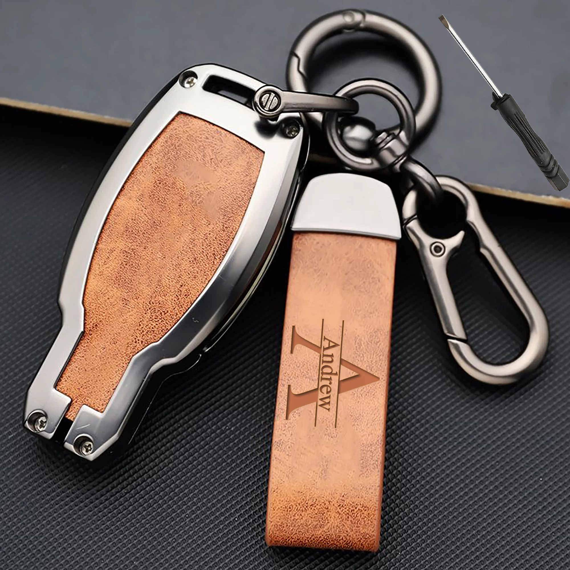 Porte-clés personnalisé en cuir PU gravé, avec monogramme, initiales, nom, sangle pour clé de voiture, avec cuir Crazy Horse rétro détachable