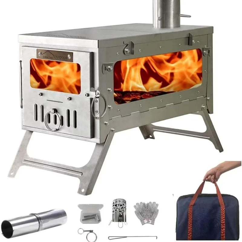 

Folding 100% Titanium Hot Tent Stove TA1 with Side Glass, 7.2ft Chimney Camping Stove Portable Camping Accessories