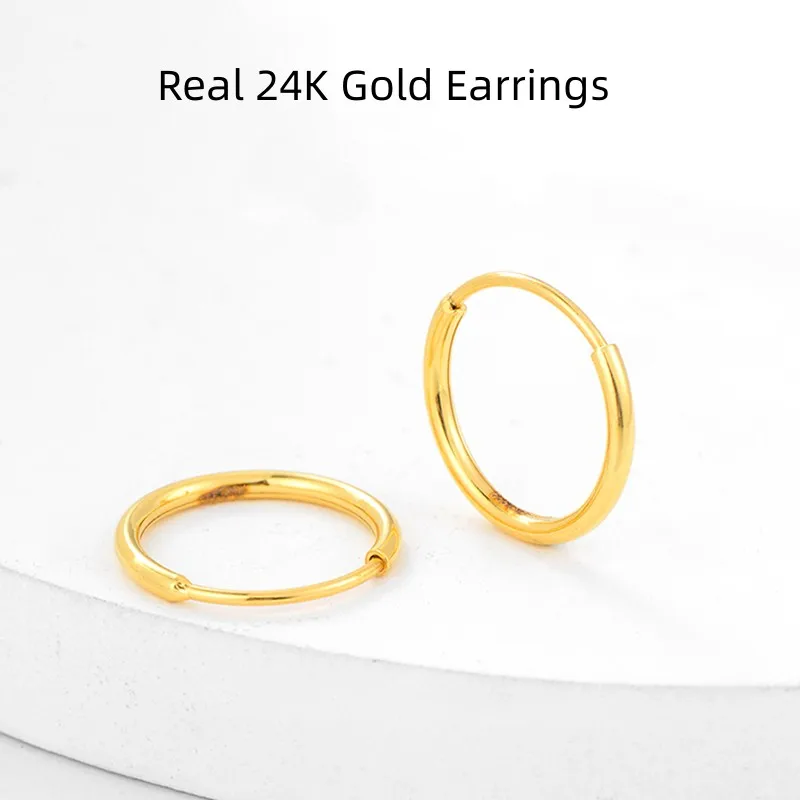 Real 24K Gold Earrings for Women Genuine AU999 Round Earrings Simple Fashionable Fine Jewelry Gift