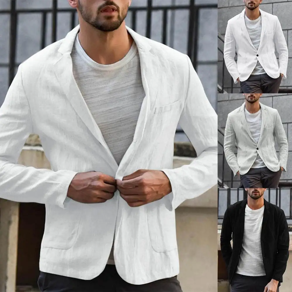 Einfarbiger männlicher Mantel Herbst blazer Männer schlanke Langarm taschen Jacke Baumwolle Leinen plus Größe Blazer Herren Hochzeit heiß 3xl