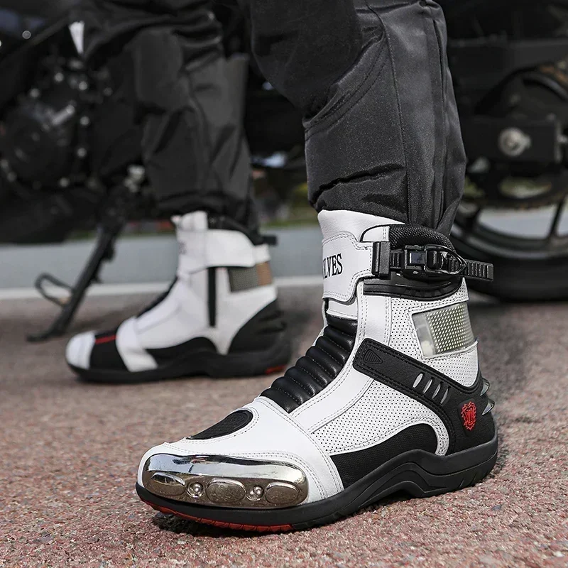 Women Men Motorcycle Boots Motocross Boots Protective Gear Shift Black Leather Biker Shoes Rubber Sole Retro Motorbike Shoes