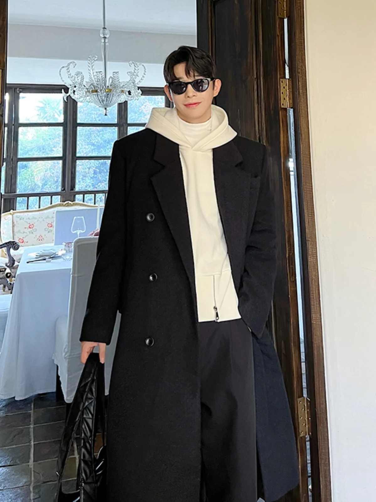 

Korean Sle oulder Pad Double Breasted Long Woolen Coat Men's Autumn Winter High End Briti Sle White Woolen Windbreake...