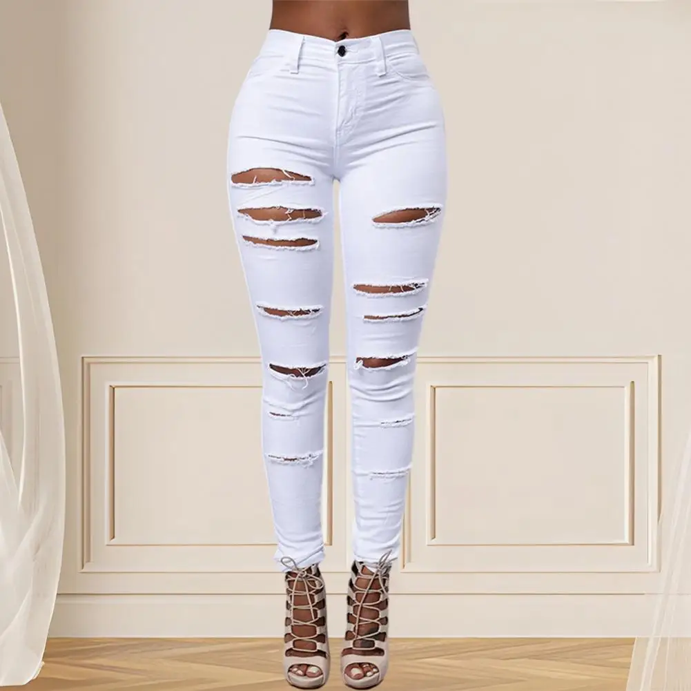 

Button Zipper Closure Jeans Stylish Women's Ripped Jeans High-waisted Slim Fit Soft Stretchy Denim for Casual Commute for Women