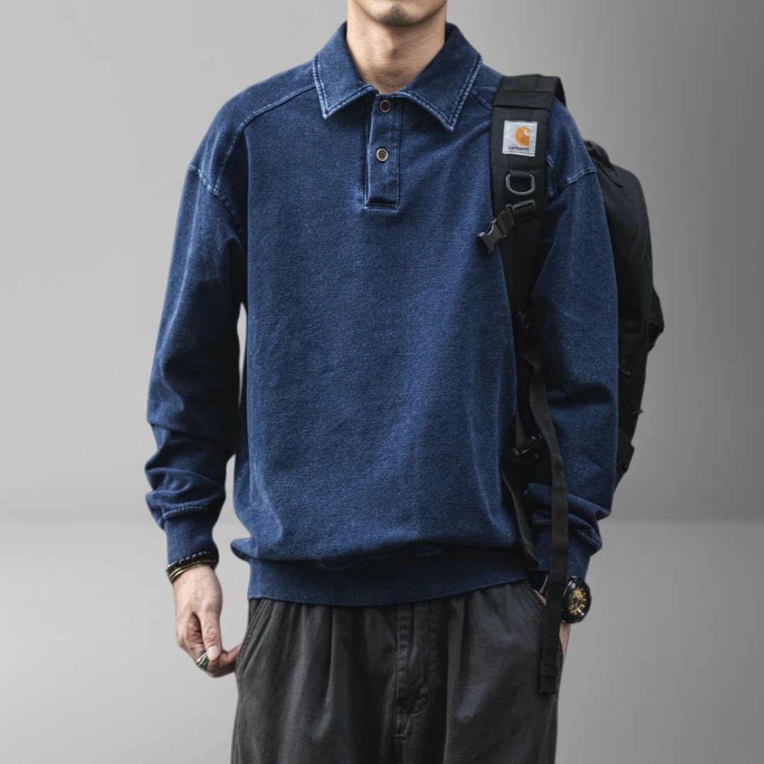 Mens Washed Denim Polo Collar Pullover Vintage Workwear Oversized Distressed American Style Heavyweight Streetwear Spring Autumn