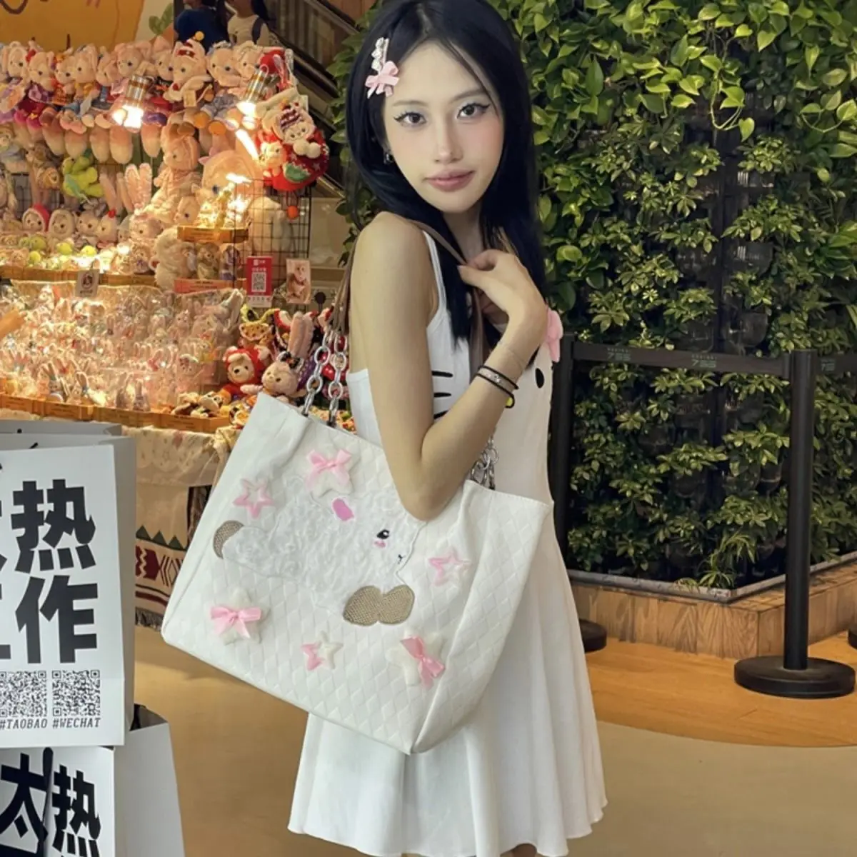 JIAERDI Harajuku Bow White Shoulder Bag Women Hot Girls Patchwork Large Capacity Y2k Bag Lady Vintage Tote Bag Bolsas Aesthetic