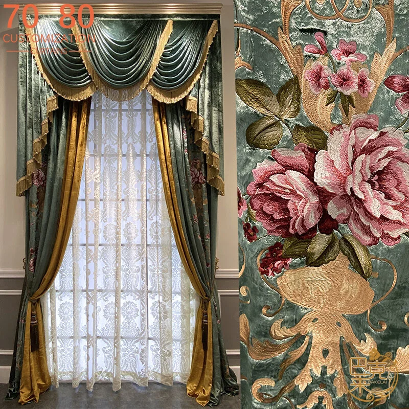 Blue Green Velvet Peony Embroidery Window Screen Splicing Blackout Curtains for Living Room Bedroom Villa Customization Valance