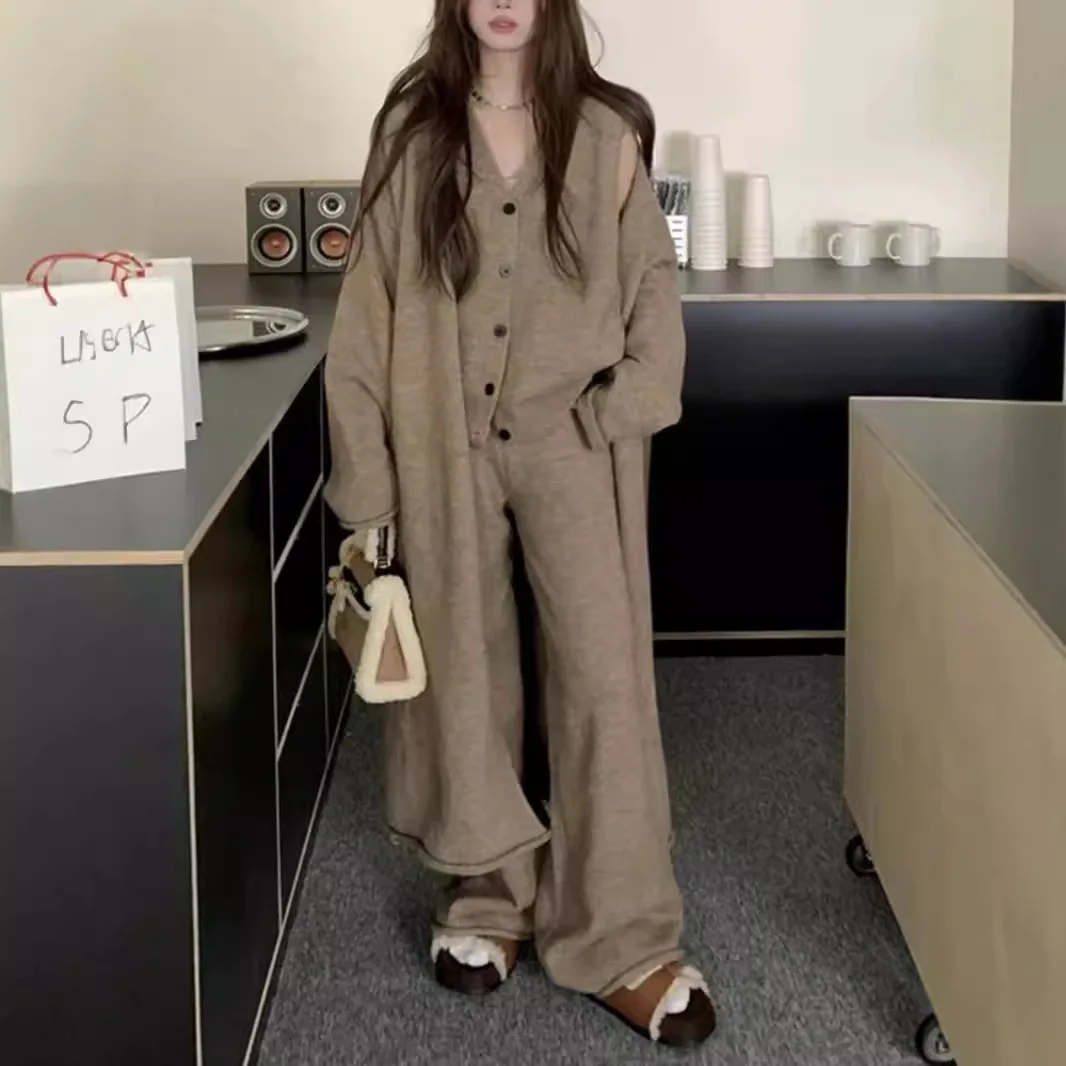 

SuperAen, длинный вязаный кардиган в корейском стиле ретро, женский осенне-зимний жилет из трех предметов, комплект с широкими брюками