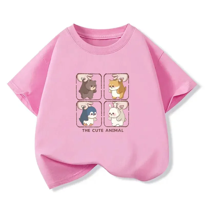 ChildrensTee Four Panel Squishy Little Bear Dog Penguin Bunny Cartoon Pattern Print Short Sleeve Casual Breathable Summer Top