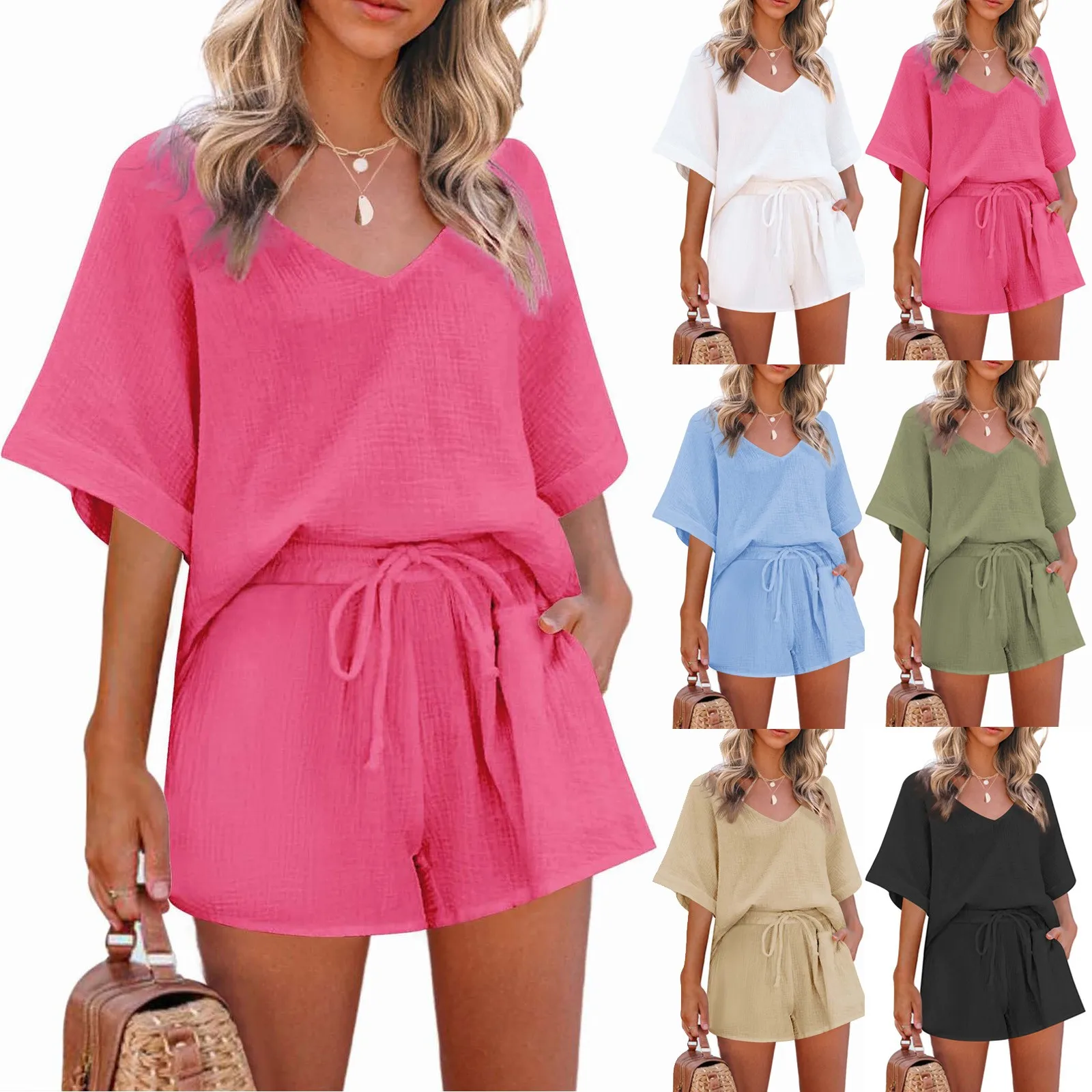 New Women Lounge Wear Shorts Set Short Sleeve Shirt Tops And Loose Mini Shorts Suit Two Piece Set Cotton Linen Summer Tracksuit