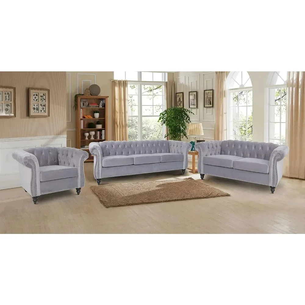 3 Pcs Living Room Sofa Sets,Velvet Sofa Chesterfield Club Chair Loveseat Sofas Set with Nail Head Trim Scroll Arms Free shipping