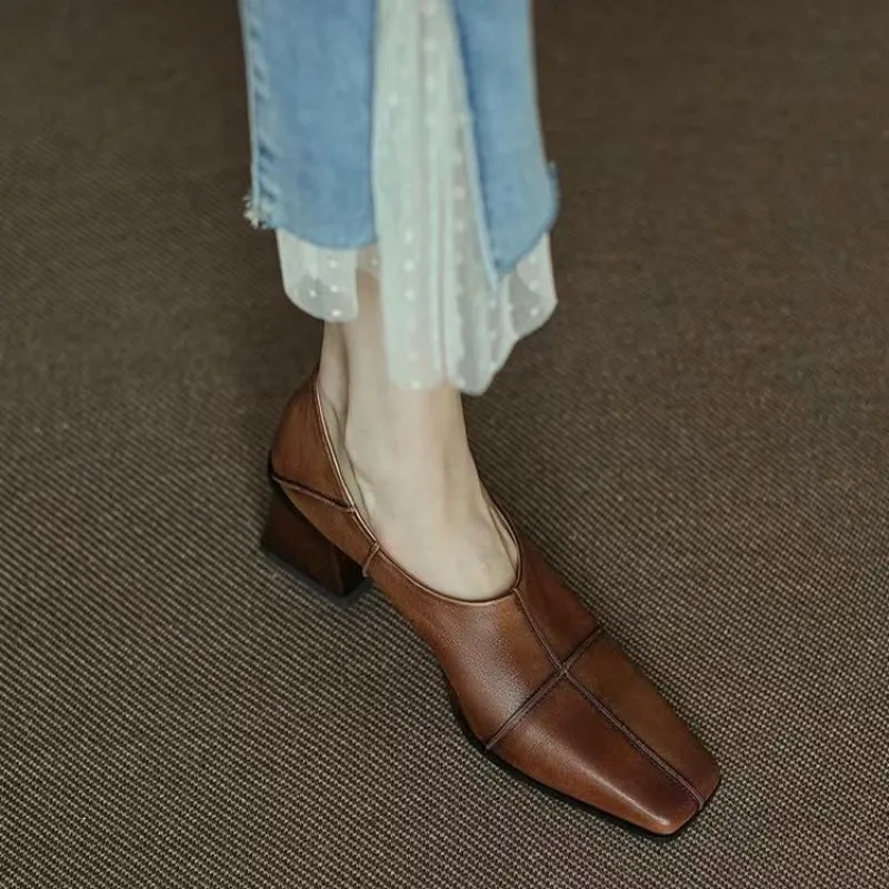 

NEW Spring Women Pumps Genuine Leather Shoes for Women Square Toe Chunky Heel Women Shoes Solid High Heels Simple Ladies Shoes