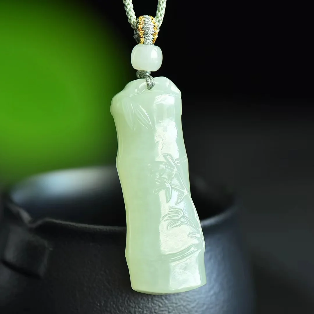 Finely Carved Hetian Jade Bamboo 28*50MM Pendant Ornaments 4132#