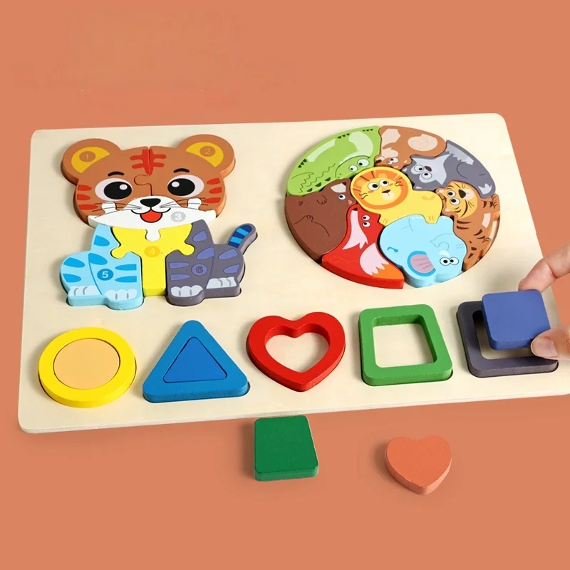 Kids Colorful 3D Puzzles Montessori Games Cartoon Animals Jigsaw Puzzle Baby Educational Wooden Toys for Children Education
