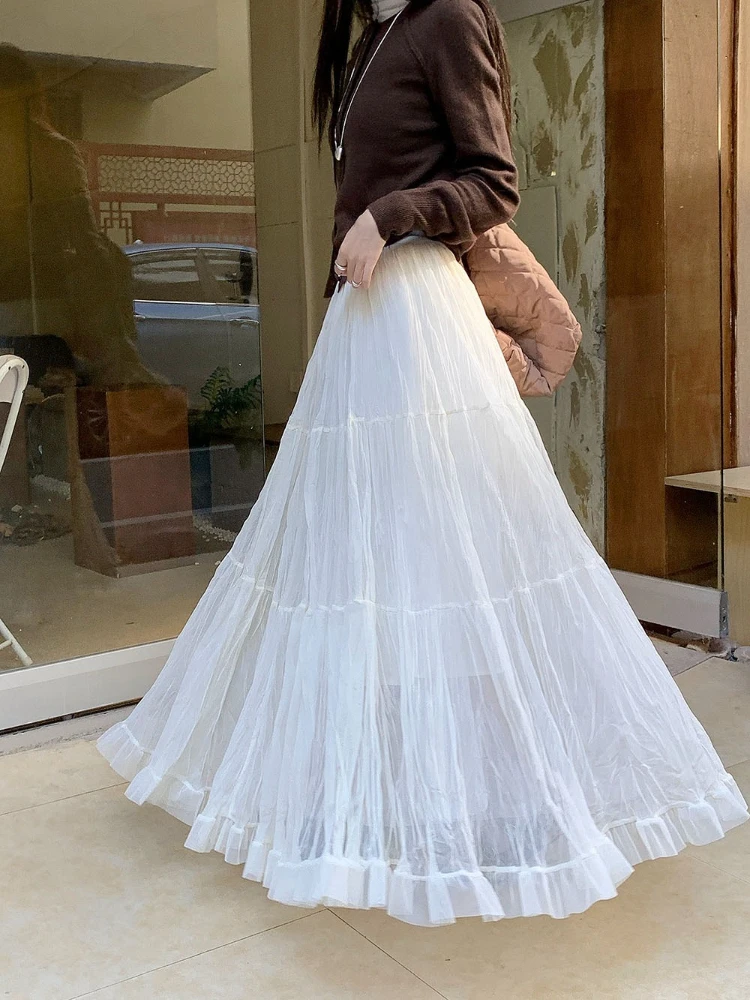 

Mesh Ruffled Pleated Maix Skirt Women Sweet Elastic High-waisted Long Skirt Female Slim Fit Holiday Outwear Faldas New