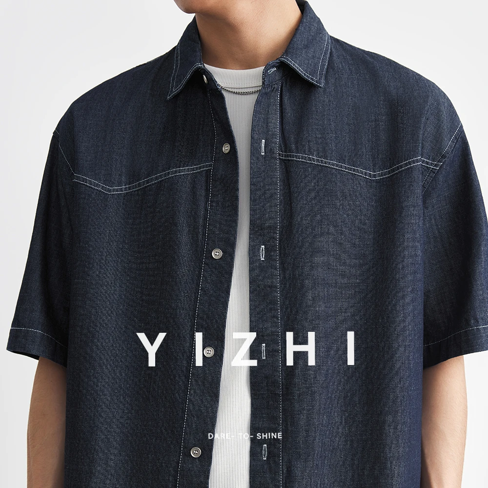 Men's Denim Short Sleeve Shirt Shorts Suit Summer Hot Style Cotton Fabric Lapel Shirt Button Design Fashion Urban Trendy Men