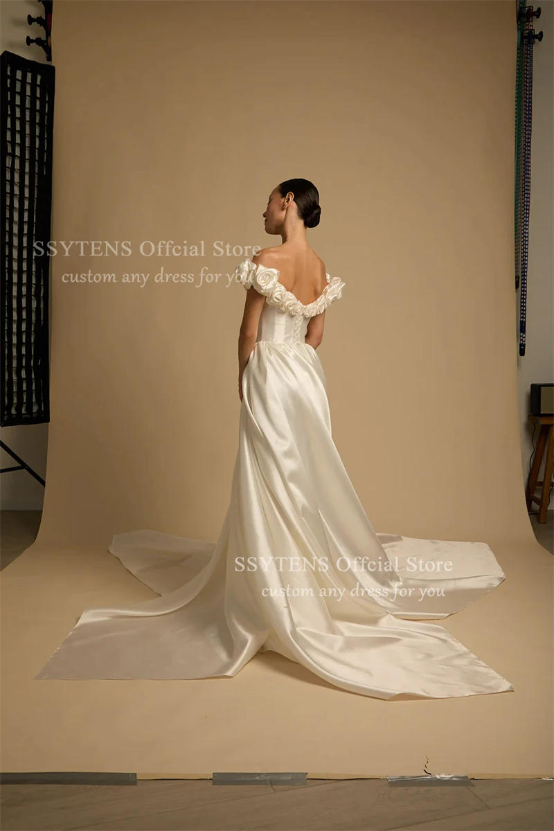 SSYTENS Elegant Satin Wedding Dresses For Woman Bride Off Shoulder 3D Flowers Bridal Gown Robe De Mariée Personalized Customized