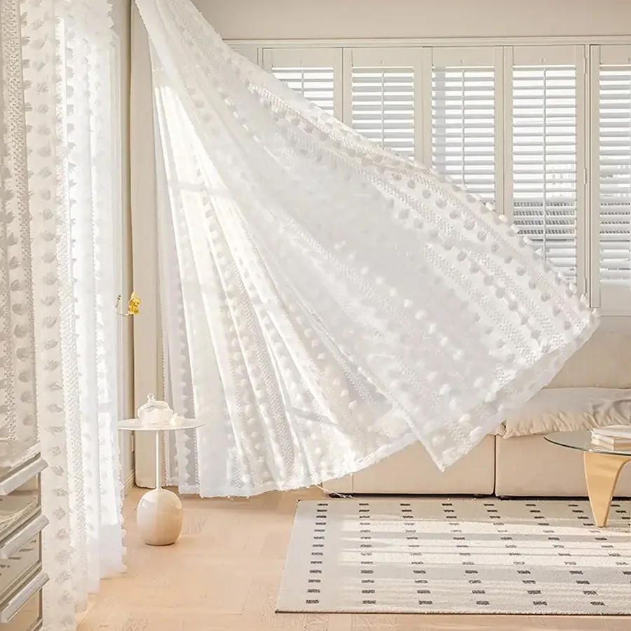 White Sheer Curtains for Living Room Bedroom Farmhouse Boho Drapes White Pom Pom Curtain Tufted Semi Sheer Nursery Kids