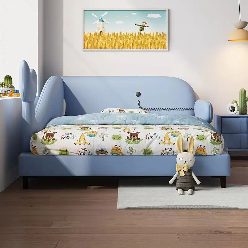 Modern Kids Bed with Cartoon Whale Design & Guardrails Princess Style Single Bed for Boys Girls with Storage