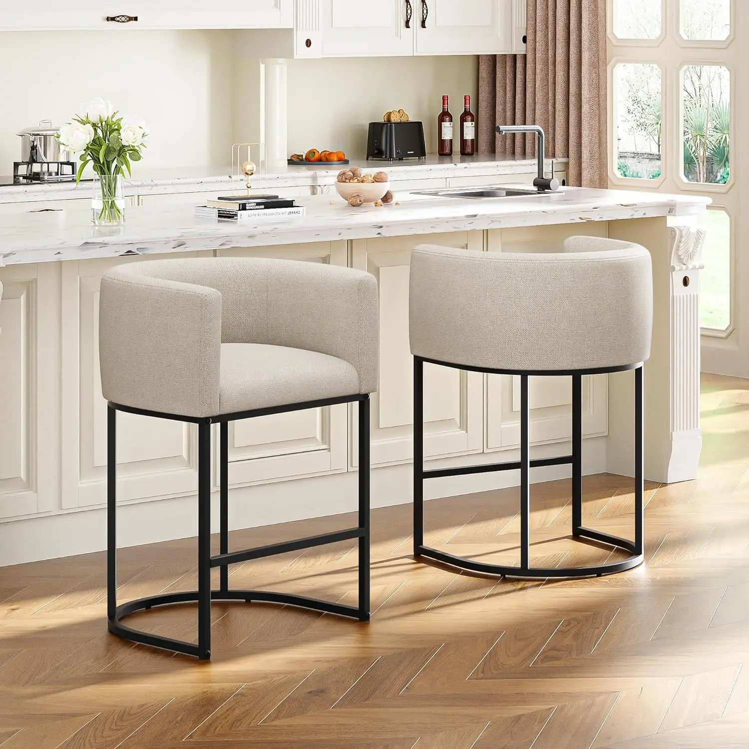 

26" H Counter Height Bar Stools Set of 2, Modern Barrel Counter Stools with Backrest and Arms, Linen Fabric Upholstered