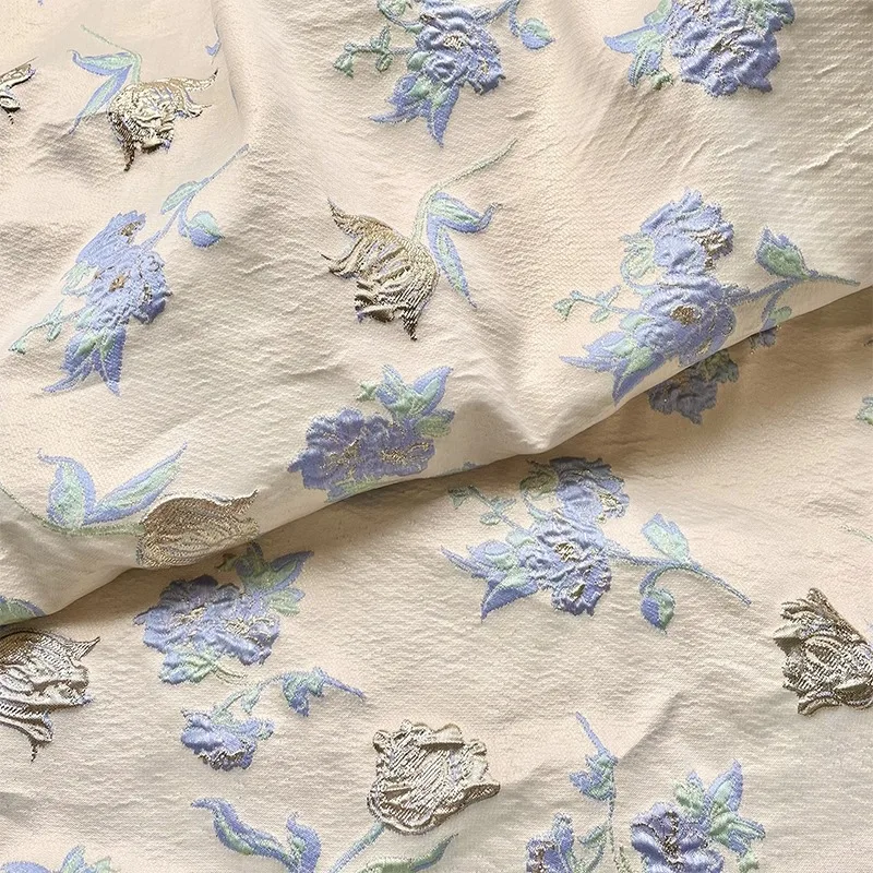 

Blue Floral Gold Foil Jacquard Fabric Cotton Dress Material Cheongsam Hanfu Evening Gown Bridal Wedding Apparel Custom Design