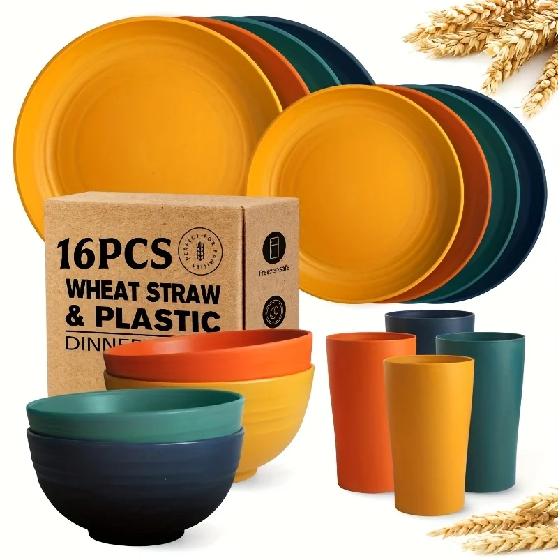 

32/16pcs Dinnerware Sets Made from Wheat Straw, Including Plates And Bowls for 8 People, Featuring Black Plastic Dinnerware That Is Safe for Microwave And Dishwasher Use. This Dish Set Is Perfect for Valentine'S Day And Serves As a Durable Party Tab